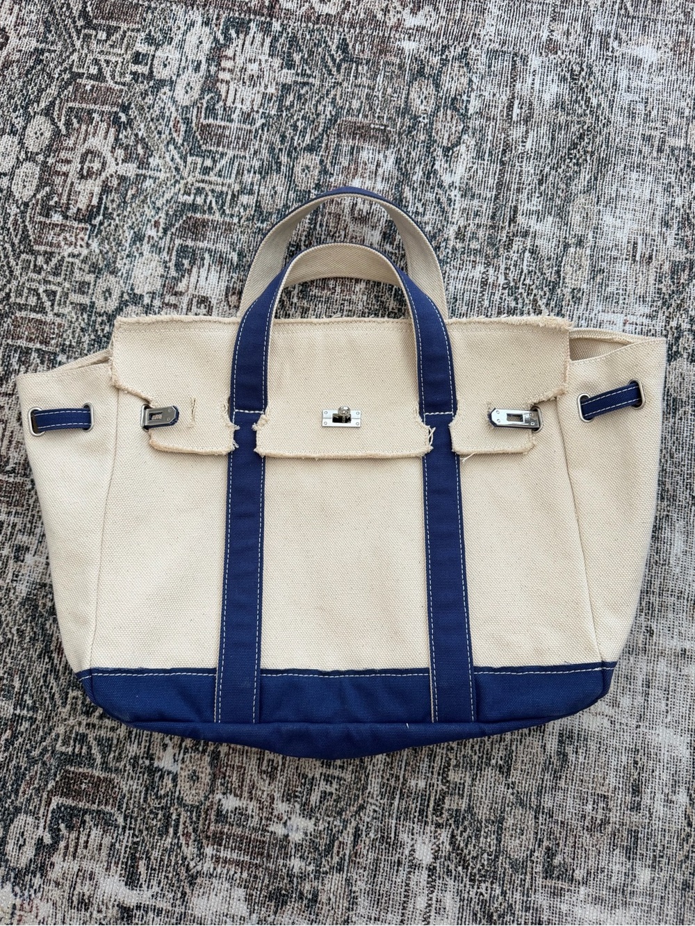 Popular/viral Canvas Tote Bag with Navy Trim